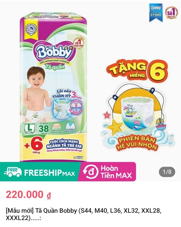 [GIÁ SỐC] Bỉm tã quần Bobby chính hãng size L ( L38 tặng 6 miếng)
