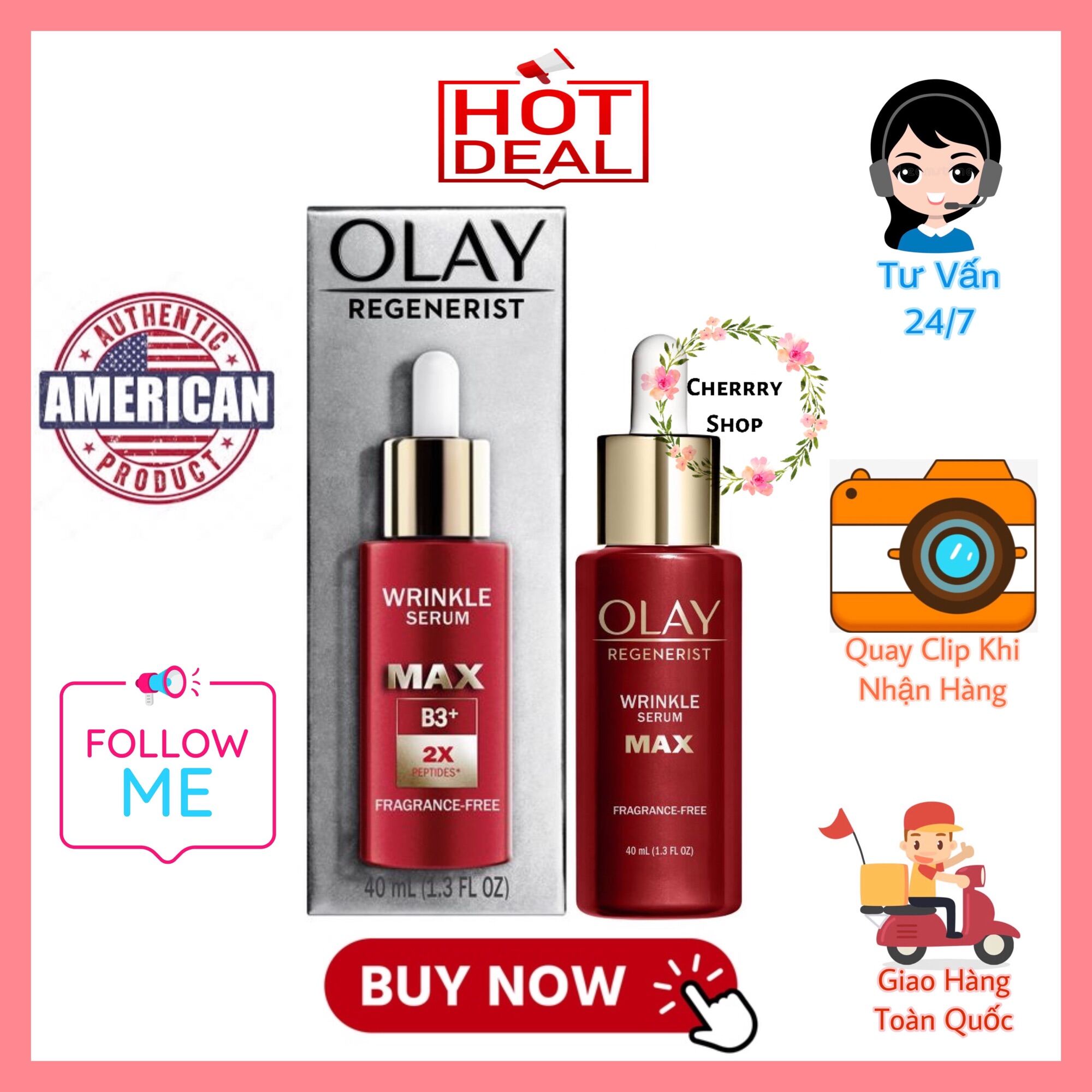 [Hcm][Hàng Usa\New] Tinh Chất Serum Olay Chống Nhăn Hiệu Quả Wrinkle Serum Max B3+2X Peptides (40Ml)