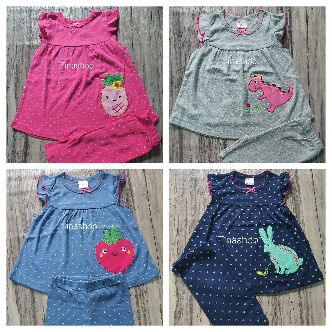 Đồ bộ lửng carters bé gái tay bèo hình thêu size từ 2T đến 7T
