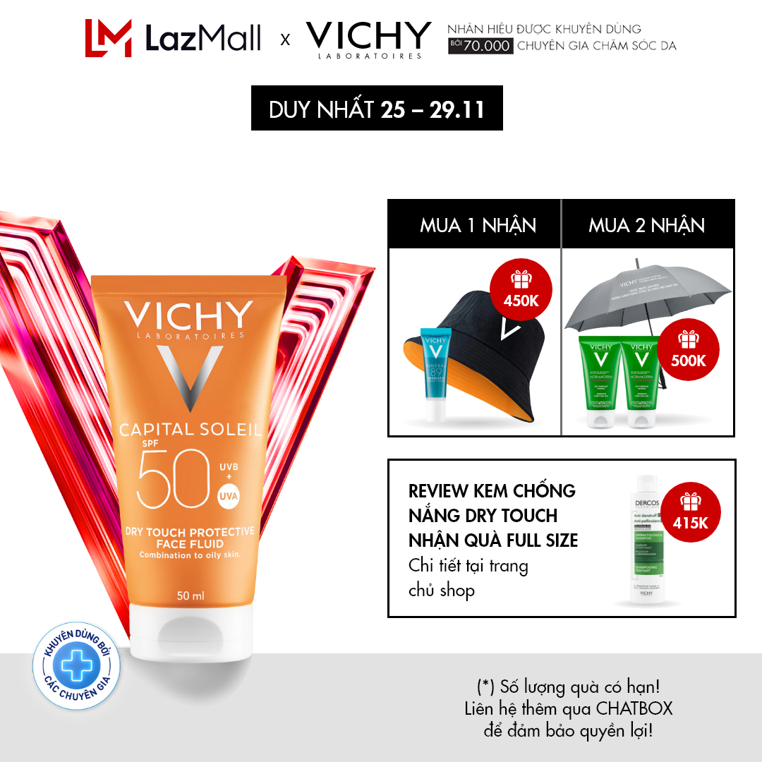 Kem chống nắng không nhờn rít SPF 50 UVA +UVB Vichy Capital Soleil Mattifying Dry Touch Face Fluid