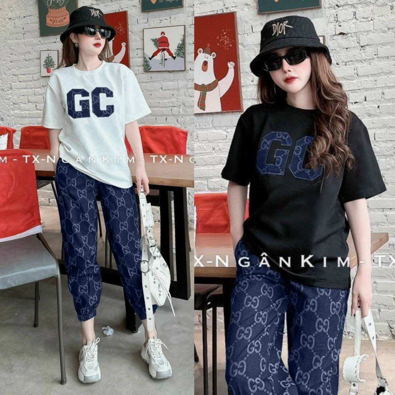 Bộ thun quần dài áo phom rộng thêu chữ gg