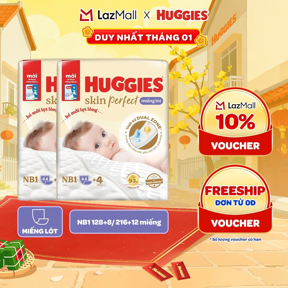  Combo 2 gói Miếng lót sơ sinh Huggies Skin Perfect 2 vùng thấm giảm kích ứng da NB1 64+4 NB1 108+ miếng 