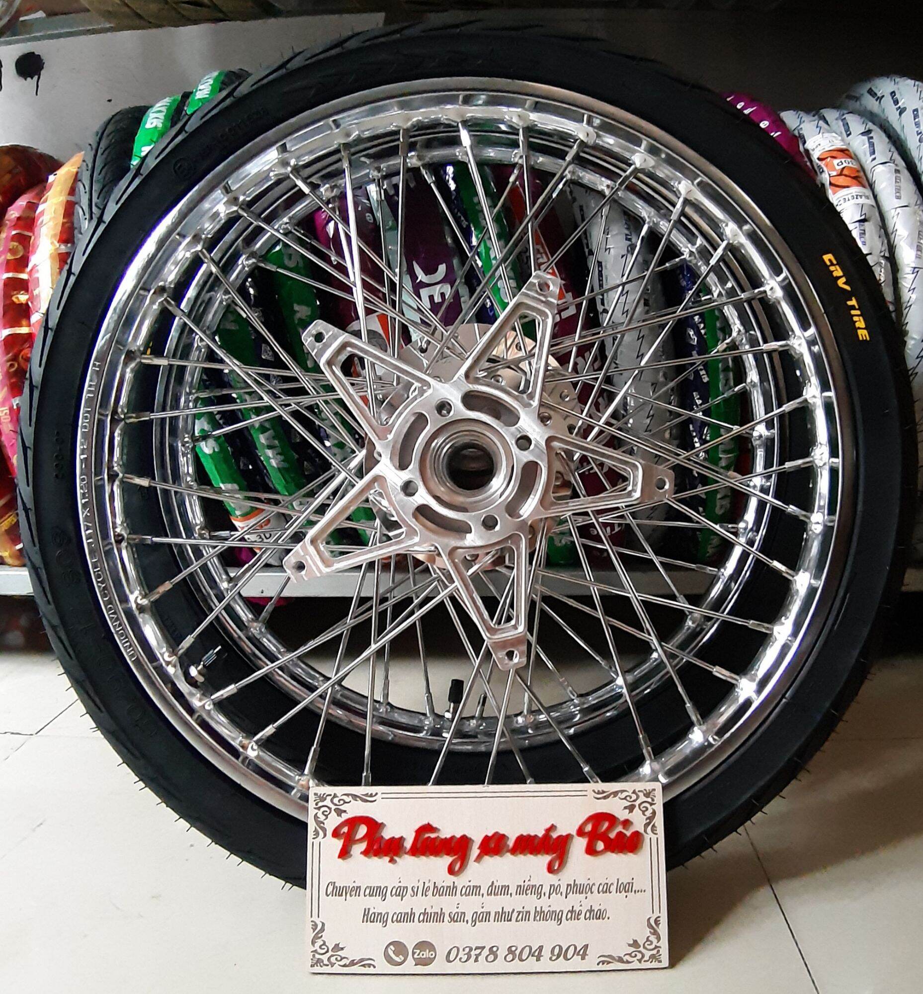 Bánh căm RAIDER SATRIA niềng sắt 1.2/1.4 vỏ CRV  60/70 kèm bát ngôi sao đã rút căm sẵn ( vỏ nhỏ)