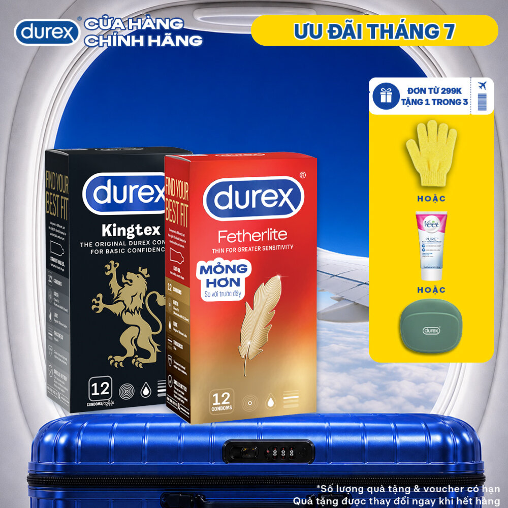 Combo 1 hộp Bao cao su Durex Kingtex 49mm 12 bao  1 hộp Bao cao su Durex Fetherlite siêu mỏng 52mm 12 bao
