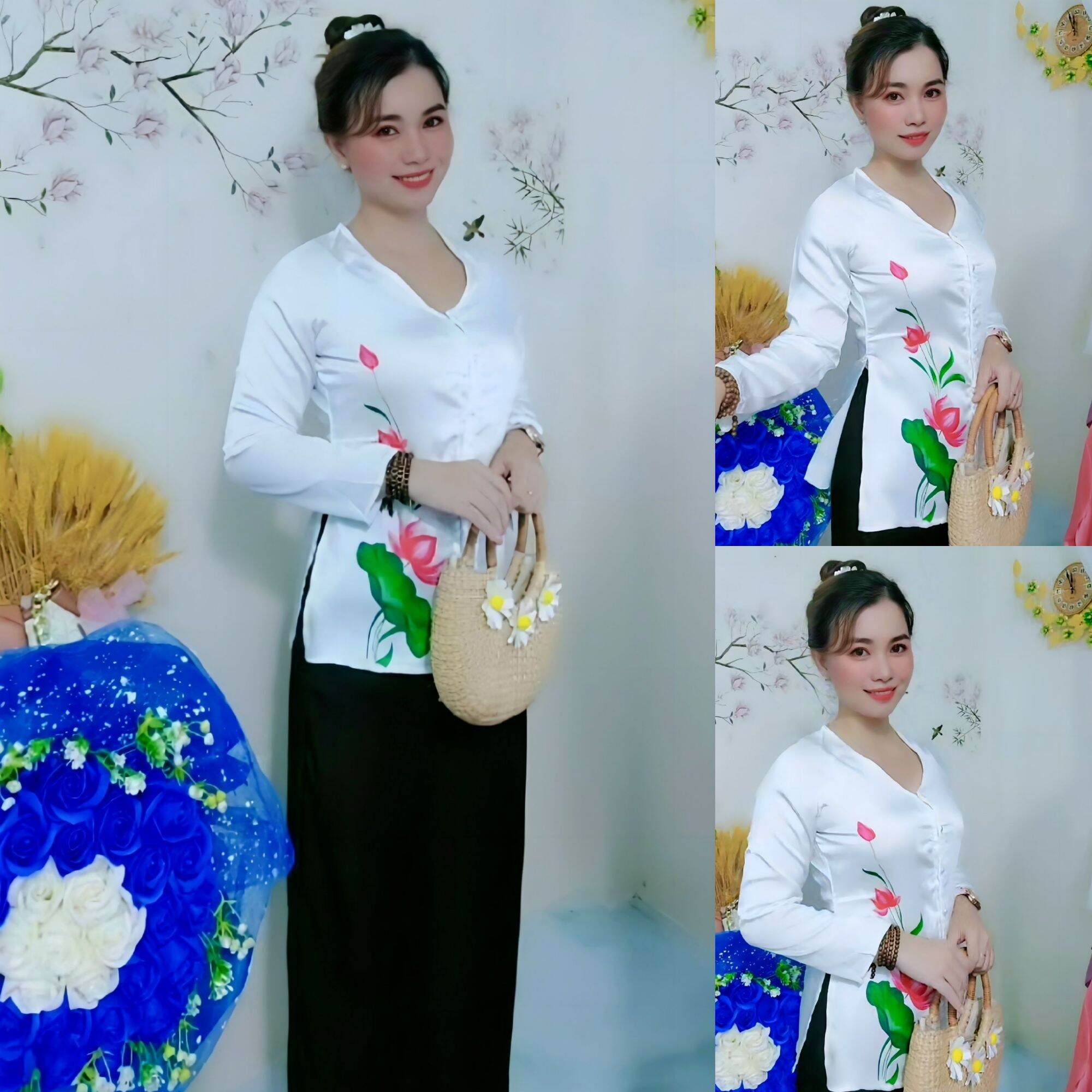 Bộ bà ba hoa sen lụa ngọc trai, phối quần lụa tằm cao cấp phom 42-58kg