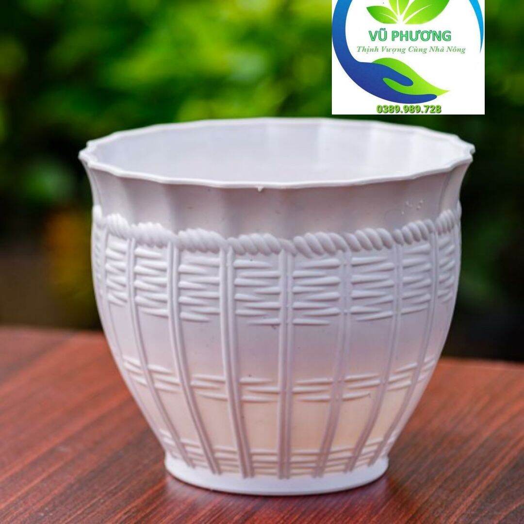 Chậu Mây Đan Bầu kích thước miệng 17cmx cao 14cm màu trắng