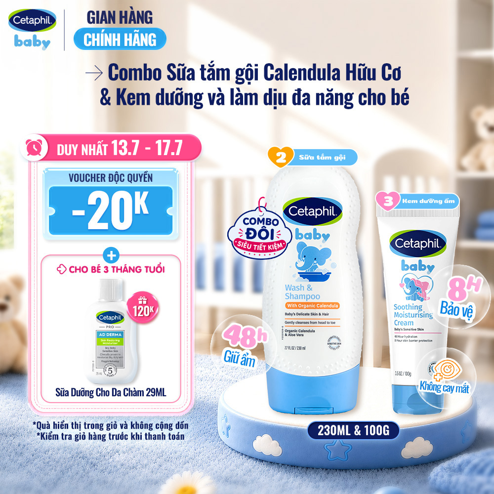 Combo 2 bước Sữa tắm gội với Calendula hoa cúc hữu cơ 230ml + Kem dưỡng ẩm làm dịu đa năng Cetaphil Baby 100Gr