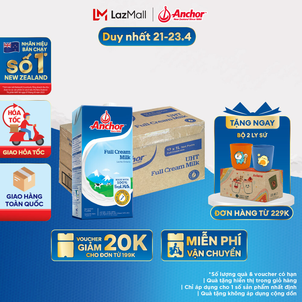 [GIAO HÀNG HỎA TỐC - HCM] Thùng 12 Hộp Sữa Tươi Tiệt Trùng Anchor Nguyên Kem Hộp 1 Lít