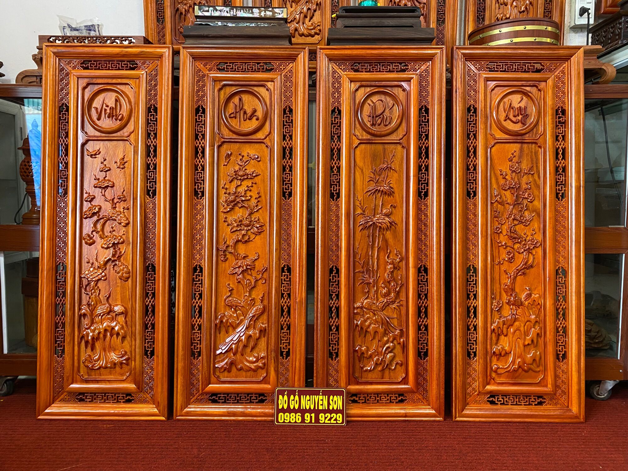 Bộ Tranh tứ quý gỗ hương đỏ nam phi