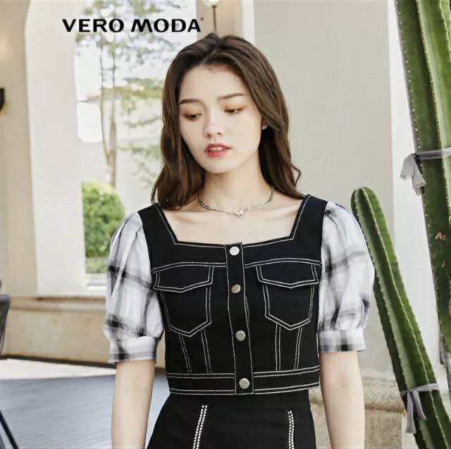 Vero Moda Áo denim kiểu croptop phối tay phồng cài nút newtag