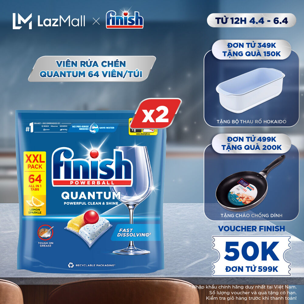 Combo 2 Viên Rửa Chén Bát Finish Powerball Quantum Powerful Clean & Shine 64 viên