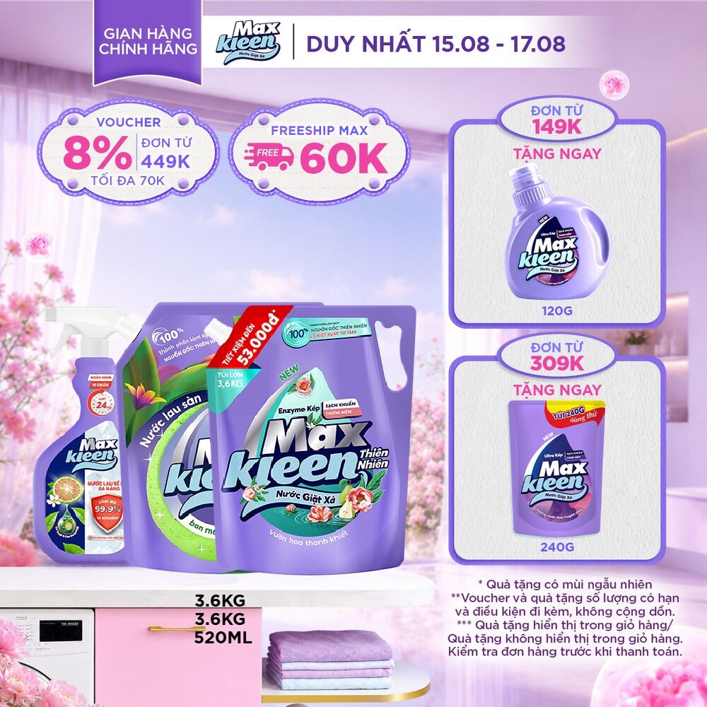 Combo Túi Nước Lau Sàn 3.6kg + Túi Nước Giặt Xả MaxKleen Thiên Nhiên 3.6kg + Chai nước lau bề mặt đa năng
