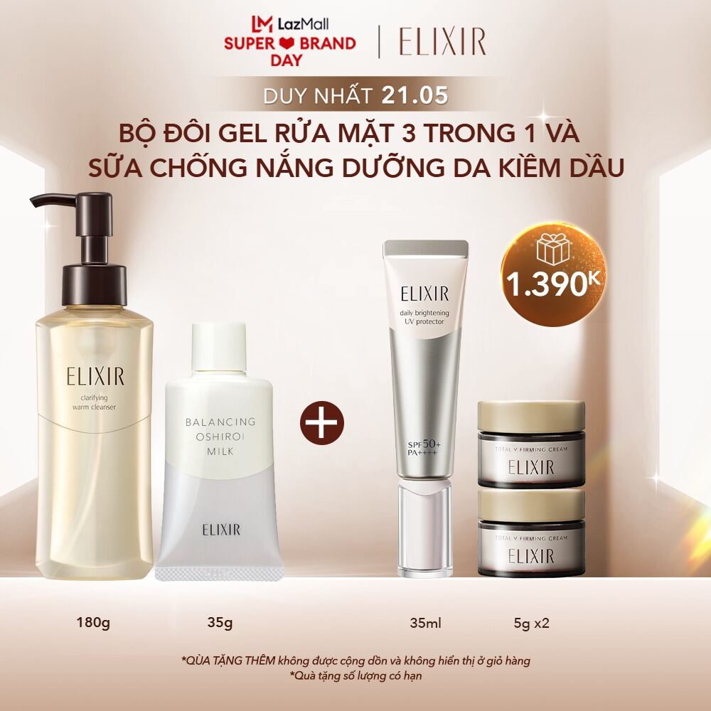 COMBO Gel rửa mặt sạch sâu dưỡng ẩm Elixir Clarifying Warm Cleanser 180g + Sữa chống nắng dưỡng da k