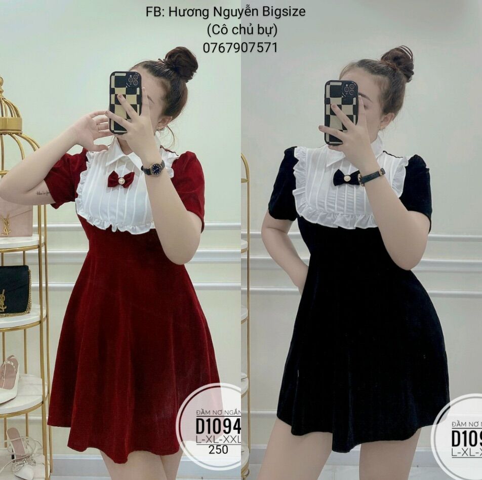 60-90kg bigsize đầm nhung đính nơ ngắn d1094