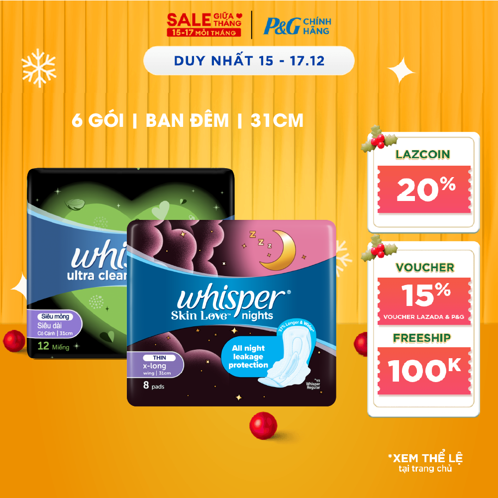  Combo 6 Băng Vệ Sinh WHISPER Ultra Clean  Skin Love Khô Thoáng Siêu Mỏng Cho Đêm Nhiều Có Cánh 31cm 12 Miếng  8 Miếng 