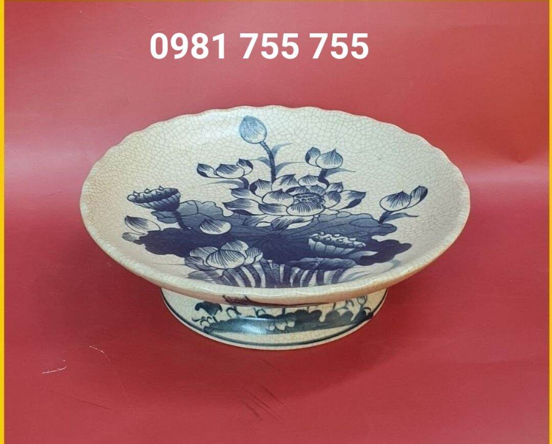 Mâm bồng,đĩa đựng hoa quả thờ cúng men ran vẽ long phụng_gốm sứ bát tràng hàng cao cấp