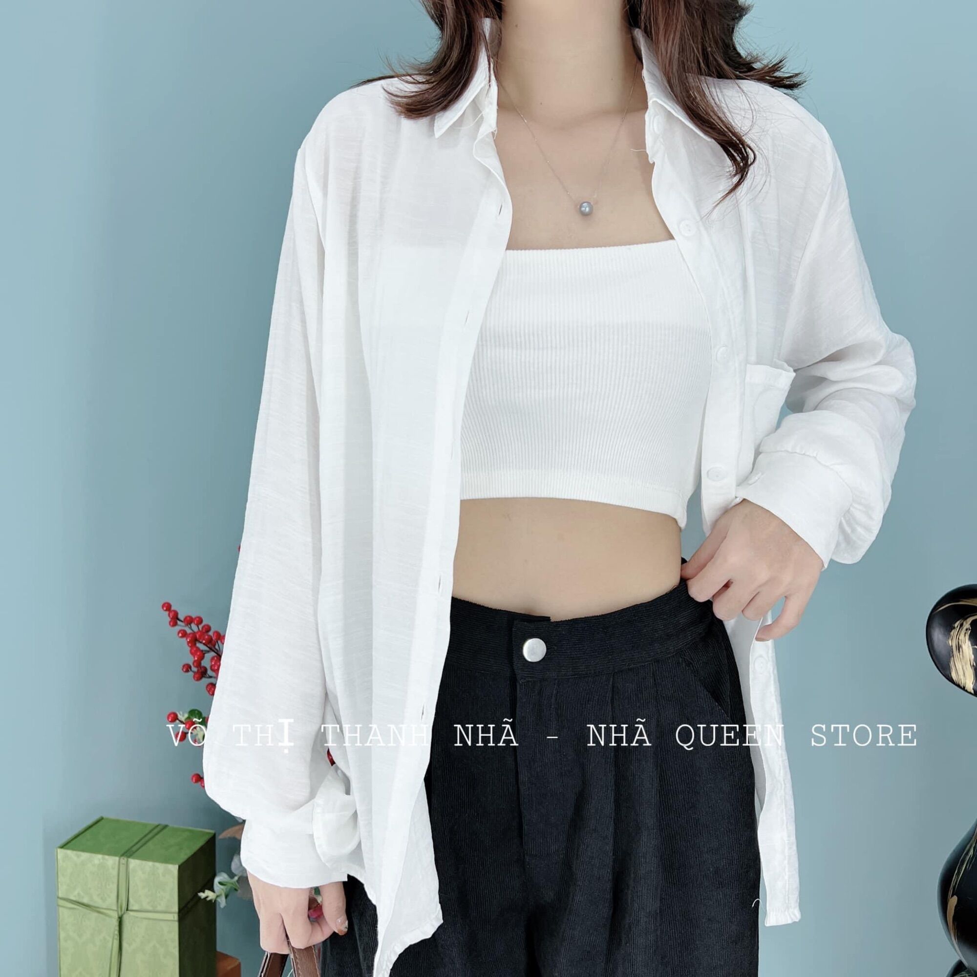 Set sơ mi tay dài kate 1 túi + 2 dây trơn