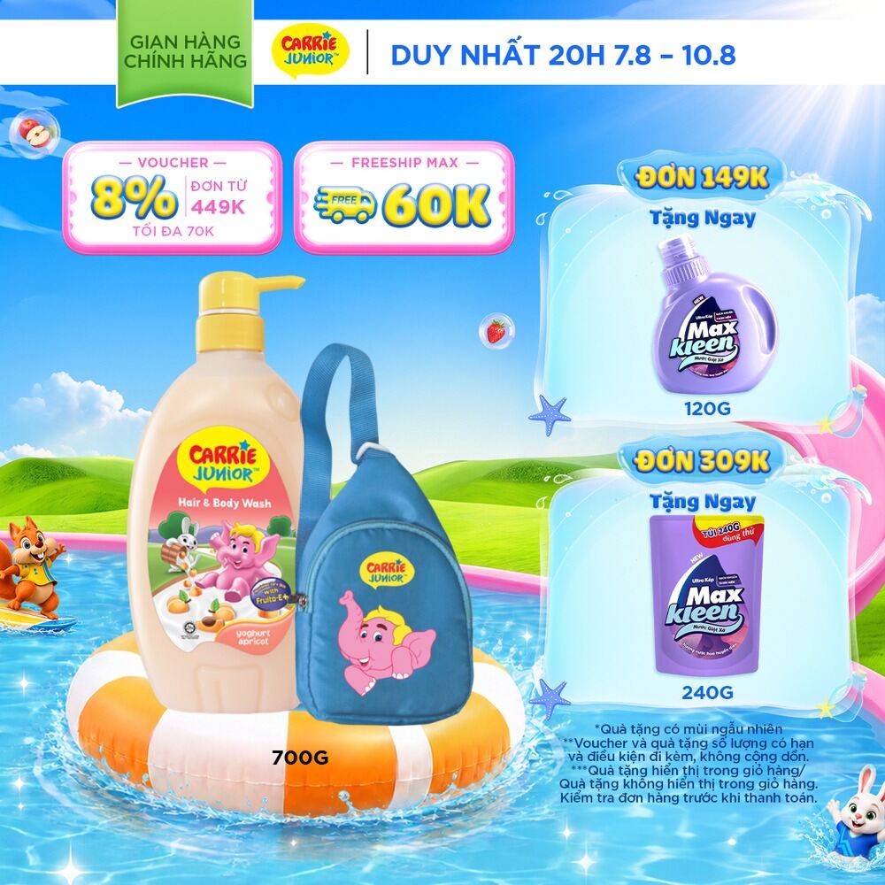 [Tặng Kèm Túi Đeo Chéo] Sữa Tắm Gội cho bé Carrie Junior Hương Grapeberry/Melon/Cherry/Mơ tây 700g