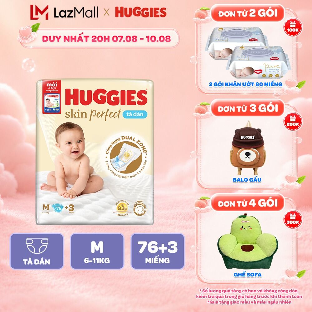Tã/Bỉm Dán Sơ sinh Huggies Skincare Super Jumbo M76+3/L68/XL60/XXL54 Với 2 Vùng Thấm Giảm Kích Ứng Da