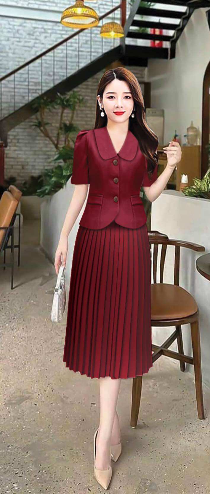 SET ÁO CỔ VEST CHÂN VÁY DẬP LY ÁO CỔ SEN TAY CON