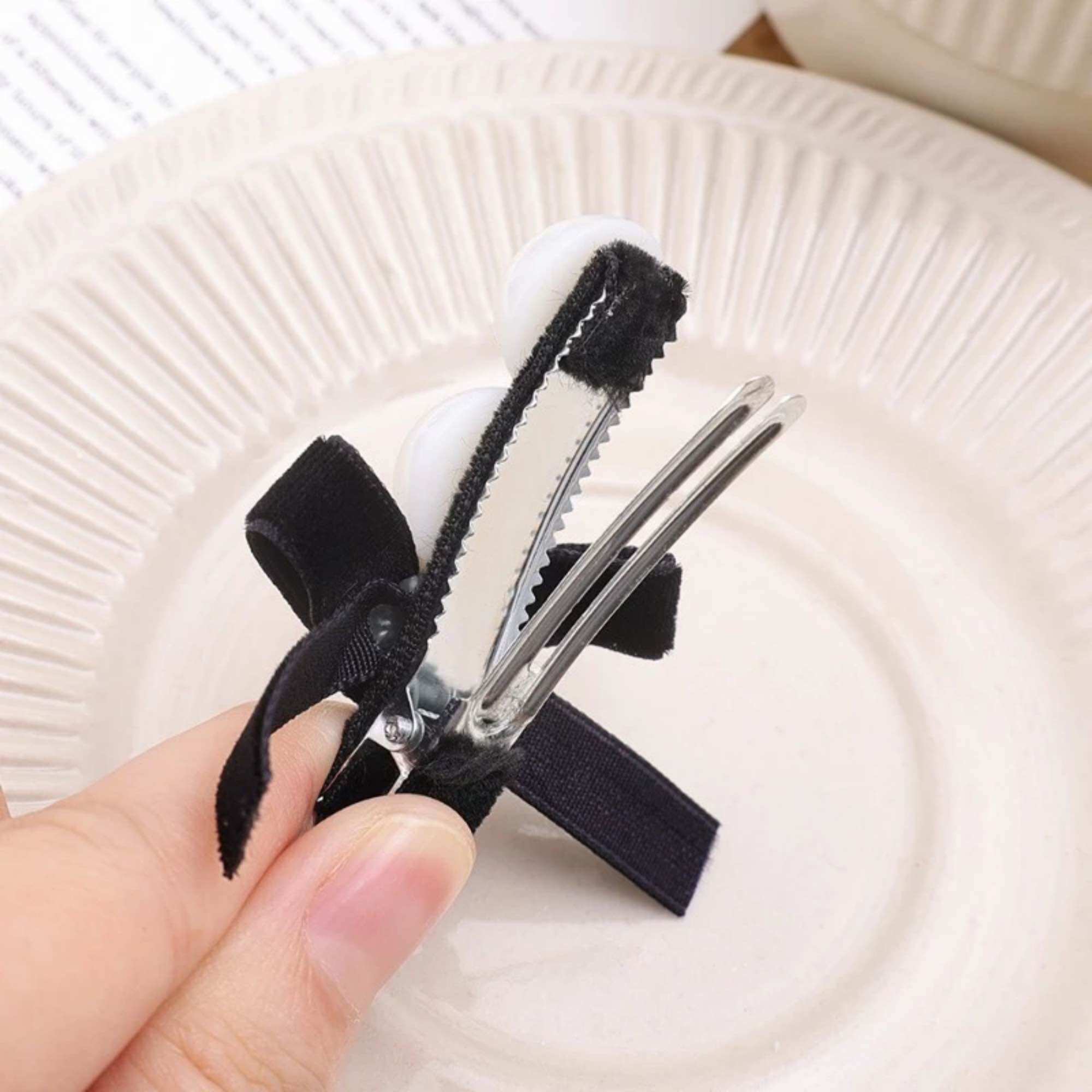 Velvet Bow Hair Clip with Beads for Women