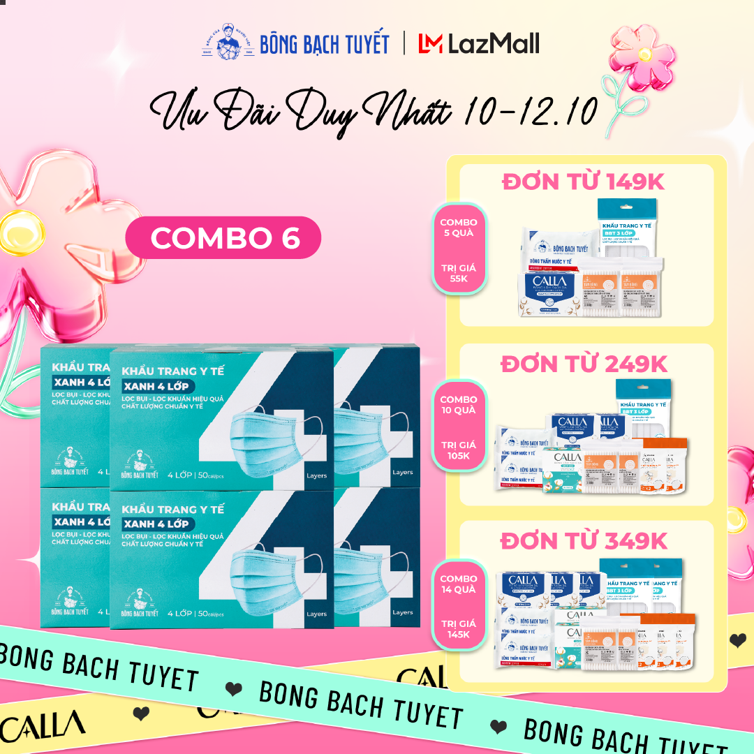 Combo 6 Hộp Khẩu trang Bông Bạch Tuyết 4 lớp xanh (50 cái/hộp)