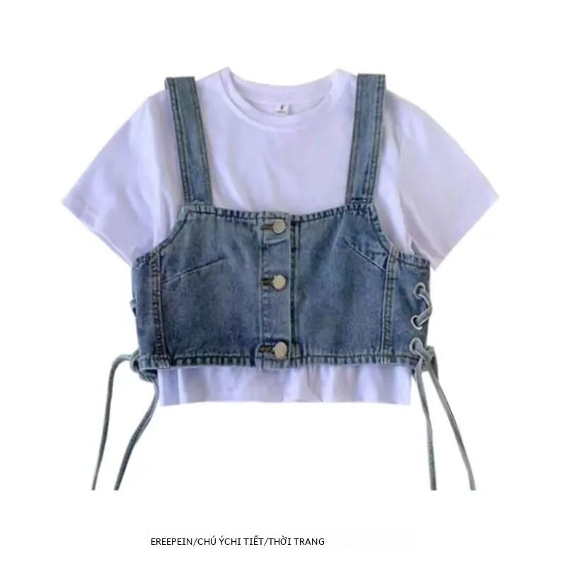 Áo Ba Lỗ Denim Gợi Cảm Dành Cho Nữ Áo Crop Top Giảm Béo Quây Cài Nút Để Xếp Lớp Thời Trang Bên Trong Thiết Kế Gợi Cảm