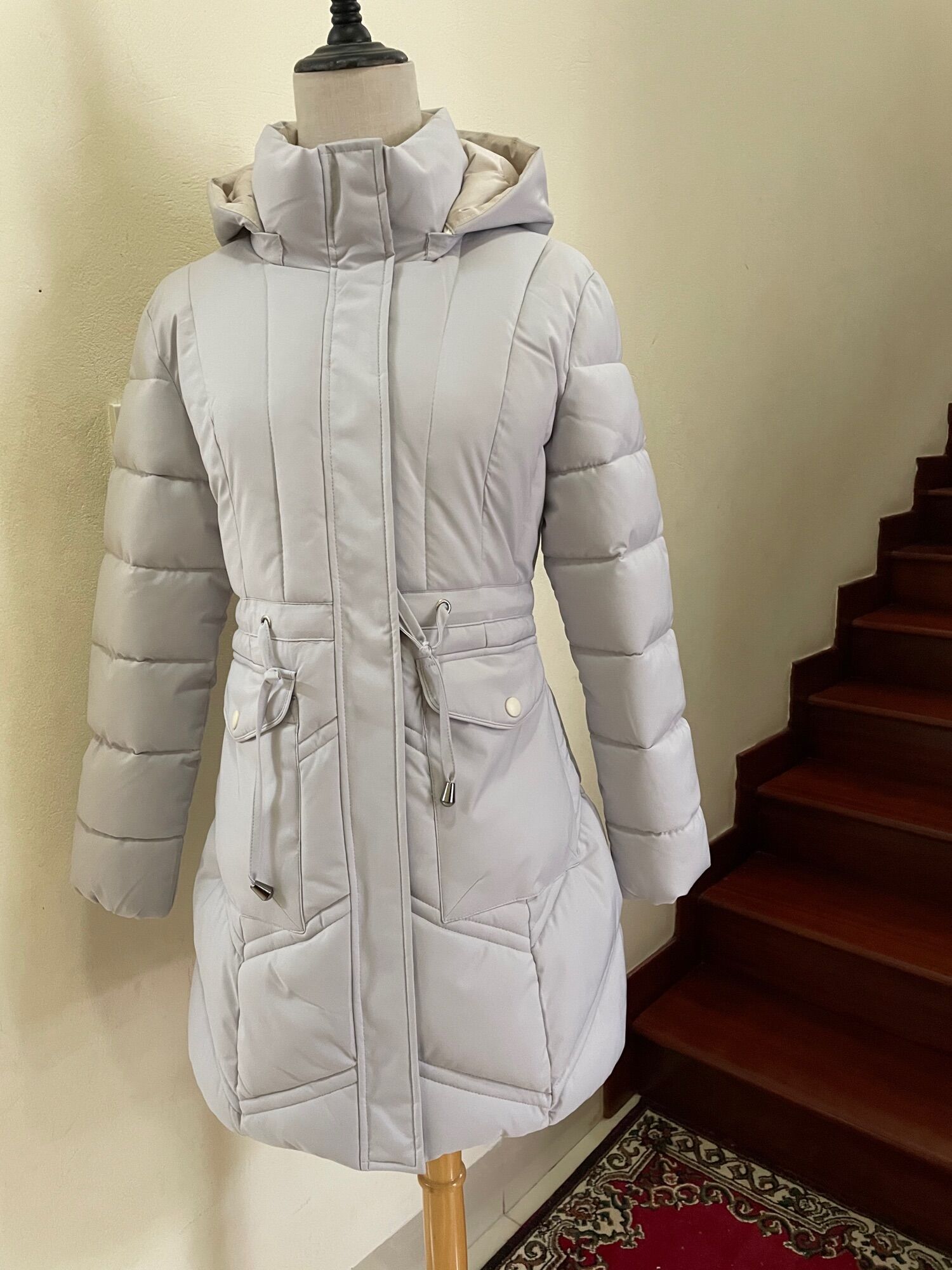 Áo phao siêu ấm thân dài túi hộp dây eo