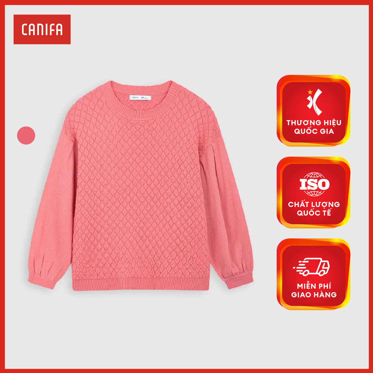 Áo len bé gái CANIFA chất liệu acrylic pha, cổ tròn tay phồng nhẹ 1TE22W008