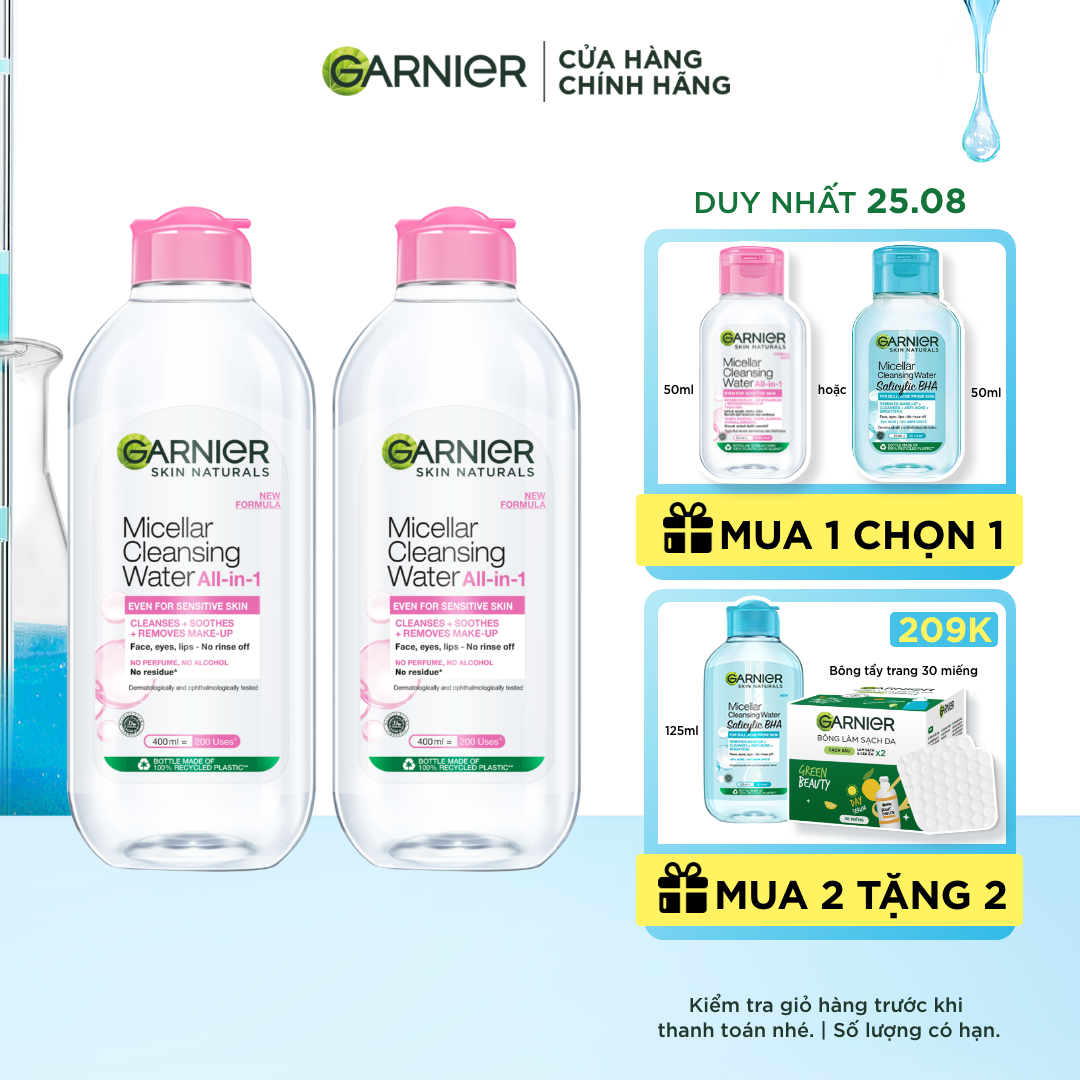 Bộ đôi nước làm sạch và tẩy trang cho da nhạy cảm Garnier Micellar Water 400ml