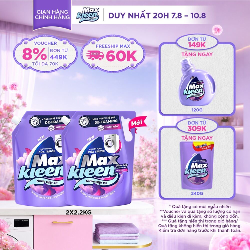 Combo 2 Nước giặt xả cho máy giặt cửa trước MaxKleen hương Huyền Diệu 2.2kg