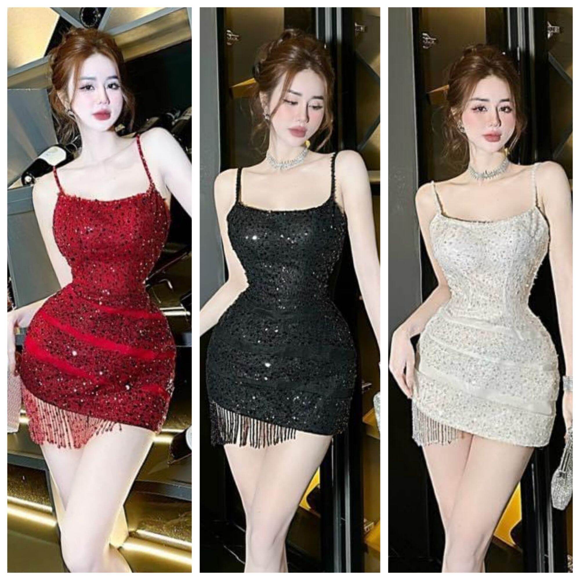 Đầm body dự tiệc 2S tua rua siêu sang quý phái cho bạn gái, chất Kim sa tua rua 3 màu Đen Trắng Đỏ - Váy đầm thời trang nữ đi chơi dự tiệc