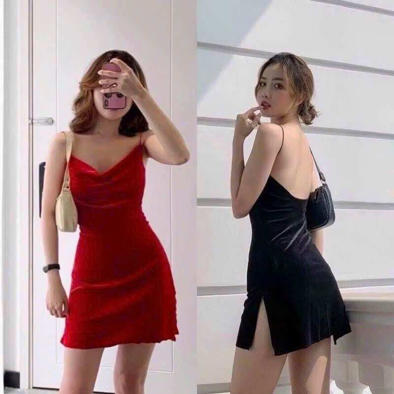 Váy nhung xẻ tà hở lưng cổ đổ - đầm nhung