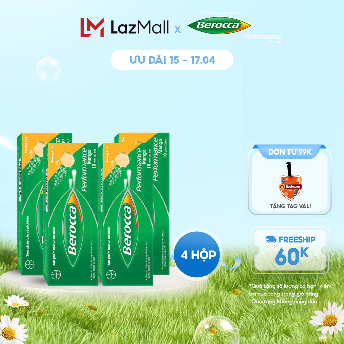 Combo 4 hộp Viên sủi bổ sung Vitamin Berocca Performance Mango 10 Viên/hộp