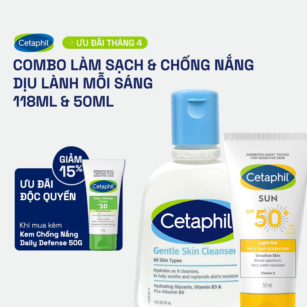 Bộ Sữa rửa mặt CETAPHIL GENTLE SKIN CLEANSER 125ML  Gel chống nắng dịu lành CETAPHIL SUN SPF 50+ LIGHT GEL 50ML