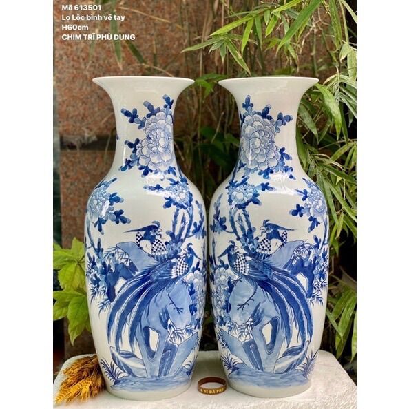 Set đôi lọ Lộc bình H60cm, men lam, họa tiết vẽ thủ công. Gốm sứ Bát Tràng
