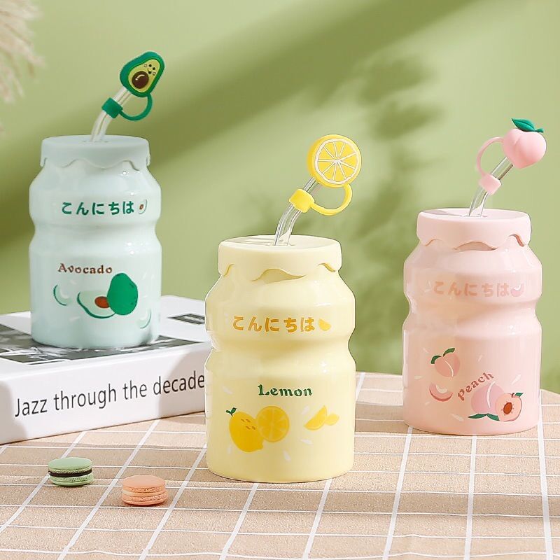Bình nước hình Yakul bằng sứ kèm ống hút và hình - 500ml