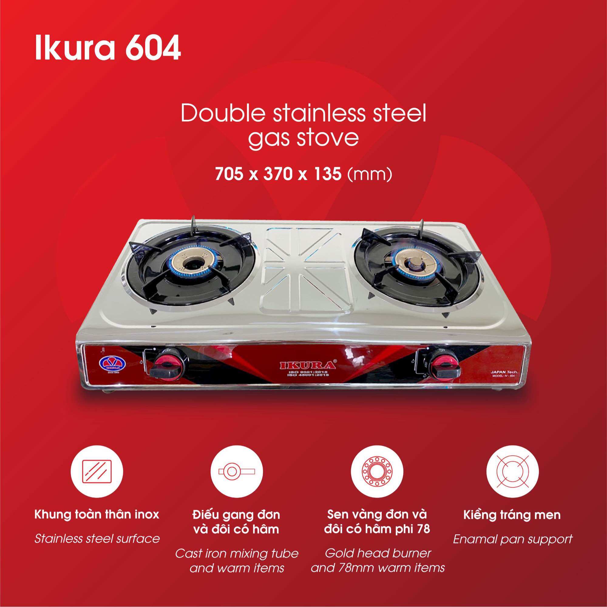 Bếp gas đôi toàn thân inox chén đồng - 1 bên bếp có chế độ hâm nóng IKURA:IV - 604