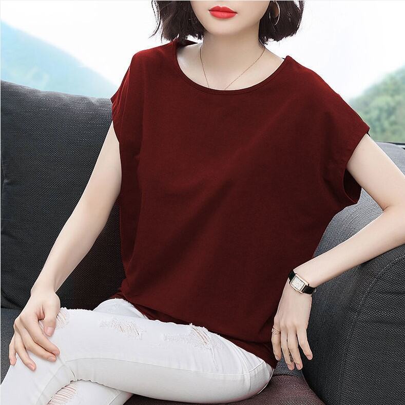 Áo Thun Tay Ngắn Cotton Mỏng Mùa Hè Cho Phụ Nữ Trung Niên Mẹ Cỡ Lớn Tay Cánh Dơi Thoải Mái Thoáng Kh