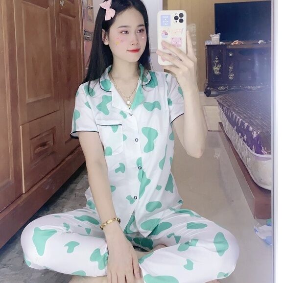 Bộ Pajama Hoạ Tiết Hoạt Hình Dành Cho Nữ Áo Tay Ngắn Quần Dài