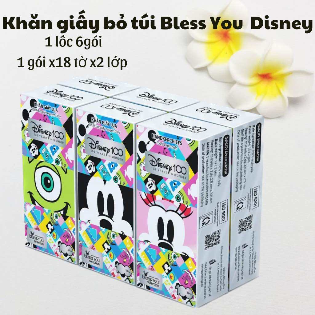 Khăn giấy lụa bỏ túi Bless You Disney - 100 year, 1 lốc, 6 gói, 1 gói 18 tờ