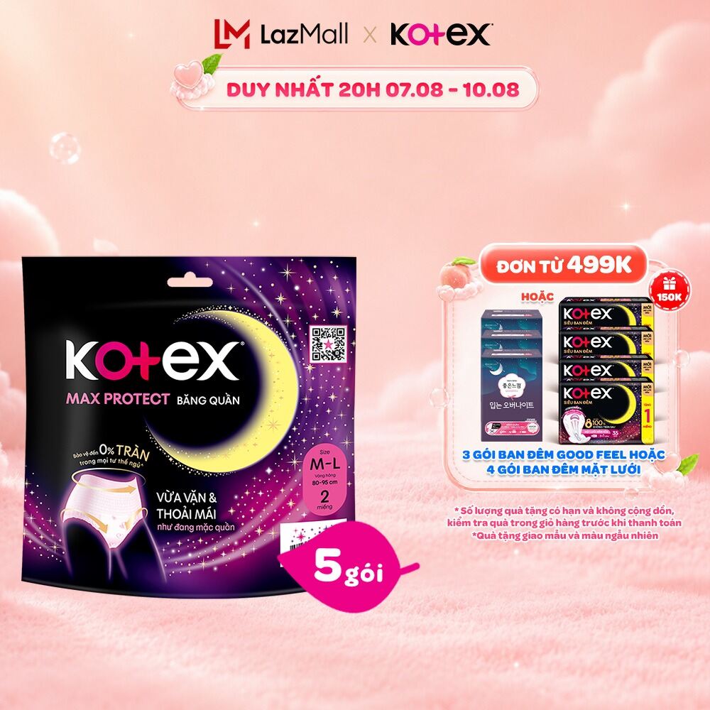 Combo 5 Băng Vệ Sinh Kotex Ban Đêm Dạng Quần cỡ M/L 5 miếng, M/L 2 miếng, L/XL 2 miếng