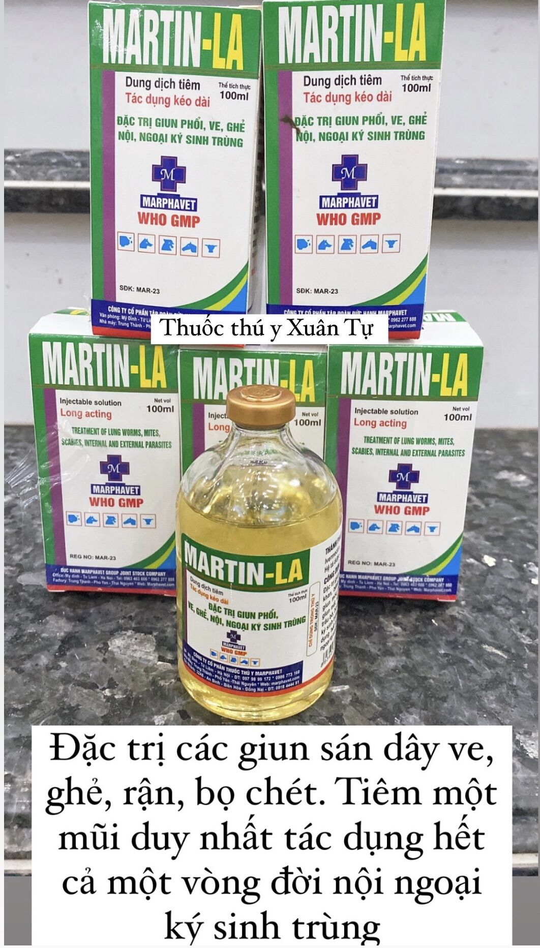 1 lọ MARTIN LA Dùng cho giun phổi gây ho thở, ho khan, bệnh giun đũa, giun tóc, giun móc, giun kim, giun tim, giun mắt, sán dây, ve, ghẻ, rận trâu bò, bọ chét Bệnh nội ngoại kỷ sinh trùng trên trâu bò lợn