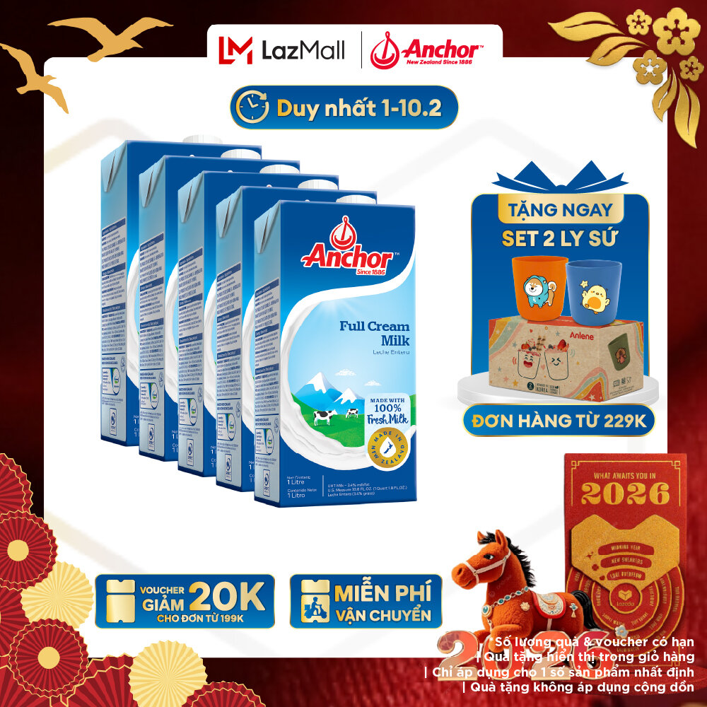 [GIAO HÀNG HỎA TỐC - HCM] Combo 5 Sữa Tươi Tiệt Trùng Anchor Nguyên Kem Hộp 1 Lít
