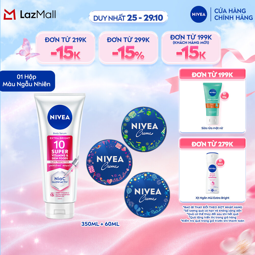 Combo Dưỡng Sáng, Ẩm Mịn Da NIVEA Gồm Serum Dưỡng Thể Super 10 300ml  Kem Dưỡng Ẩm Creme 60ml/30ml 93824/80101/80102