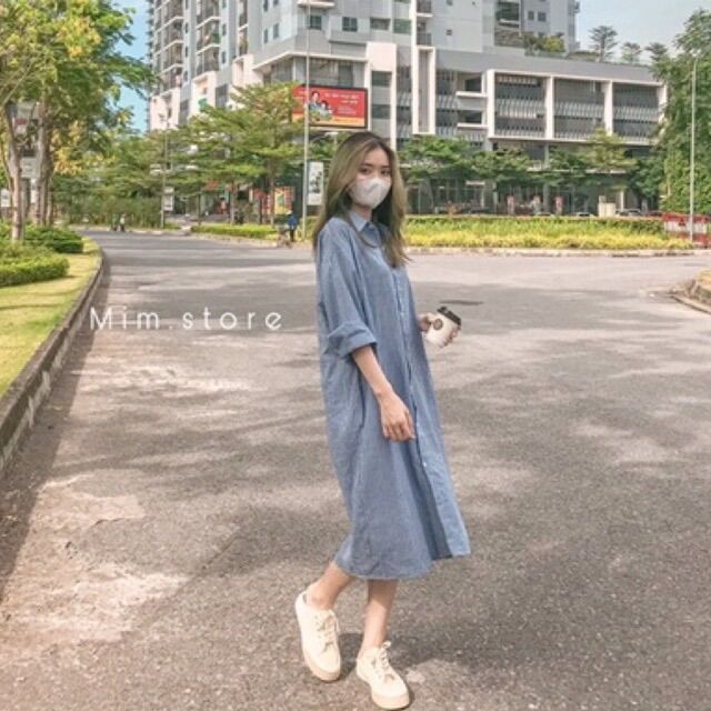 Váy sơ mi suông kẻ sọc dài tay ulzzang