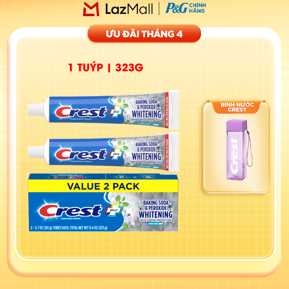 Hộp 2 Kem đánh răng Crest Baking Soda  Peroxide Whitening Trắng Sáng Ngừa Vôi Răng hương Fresh Mint 323g - Mỹ