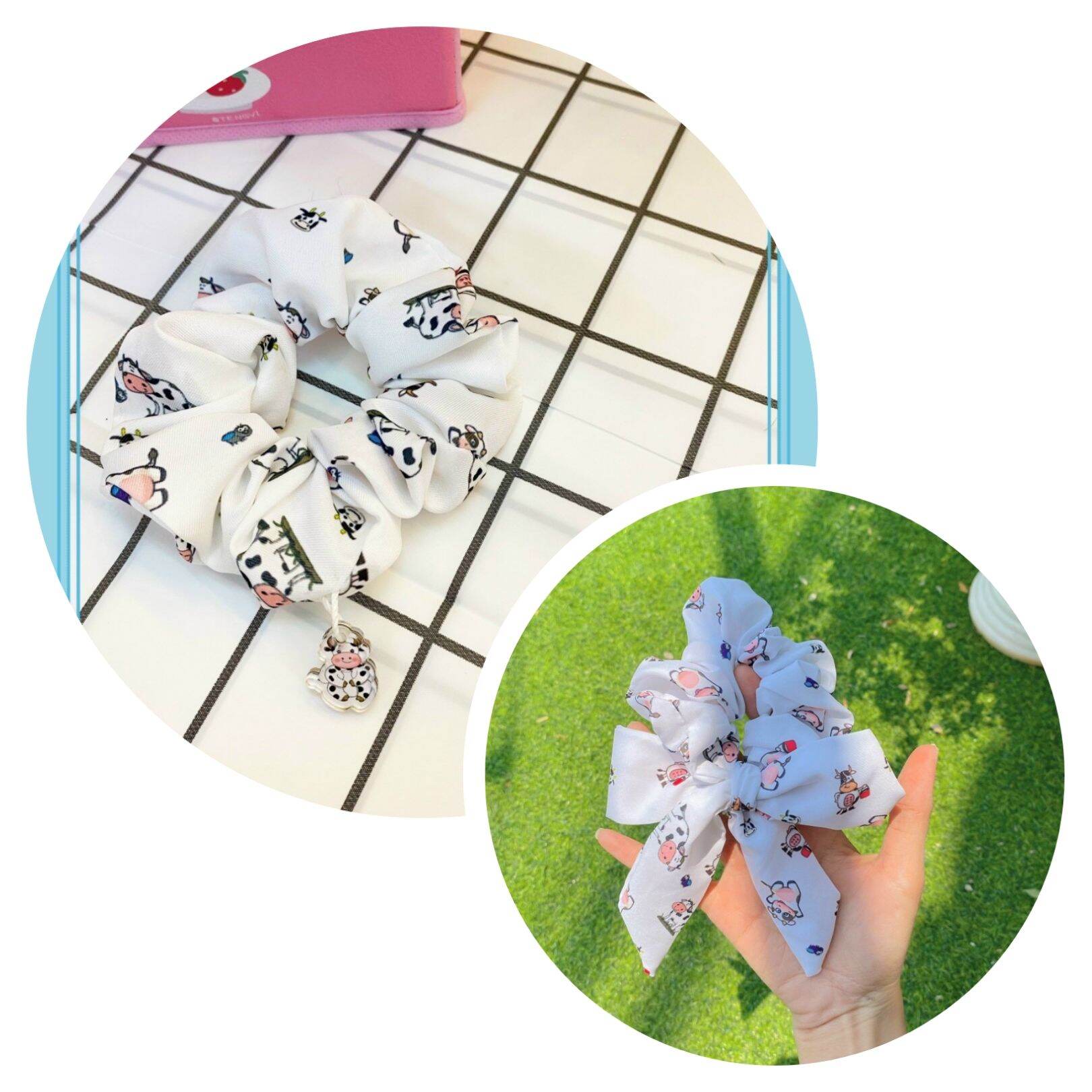 Buộc tóc scrunchies mẫu bò sữa charm 2 mặt và mẫu nơ