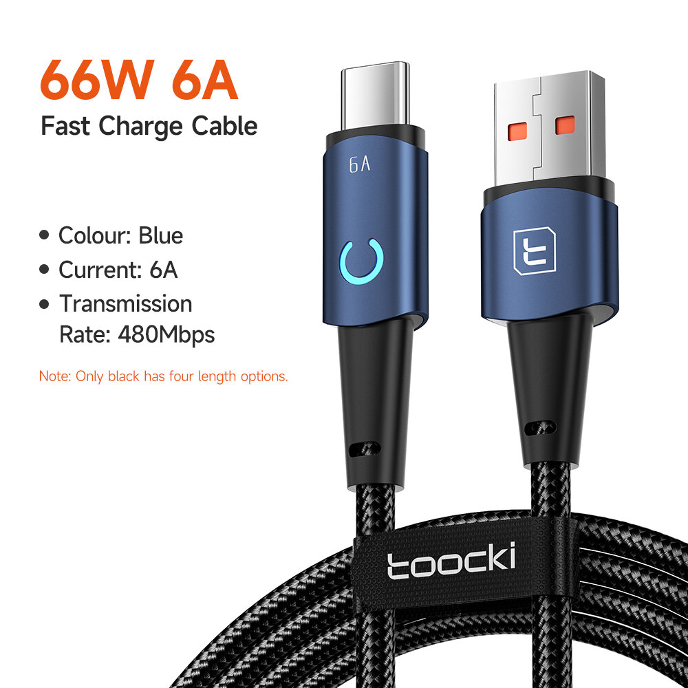 Cáp usb type c toocki 66w/6a có đèn led dây dữ liệu sạc nhanh cho huawei honor oneplus realme xiaomi