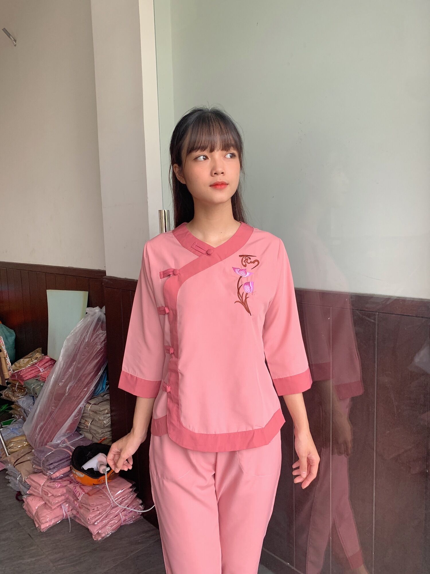 [HCM]Áo lam đi chùa tim phối thêu hoa sen